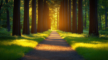serene forest path illuminated by golden sunlight filtering through tall trees creates tranquil atmosphere. lush green grass and soft earth invite peaceful walks