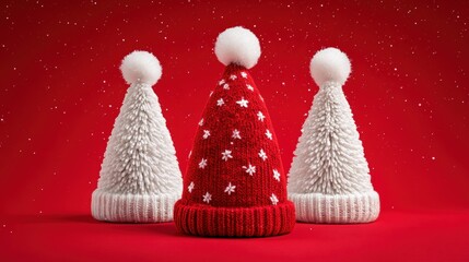 Three red and white knitted winter hats with pom poms on a plain white background.