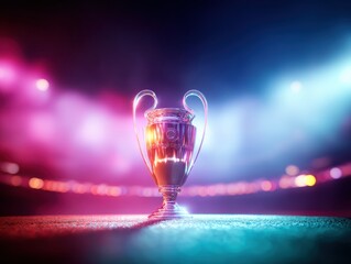Fototapeta na wymiar Epic Champions League Trophy Cinematic Metallic Achievement Visualization with Immersive Neon Lighting - Ultimate Sports Branding and Digital Performance Narrative