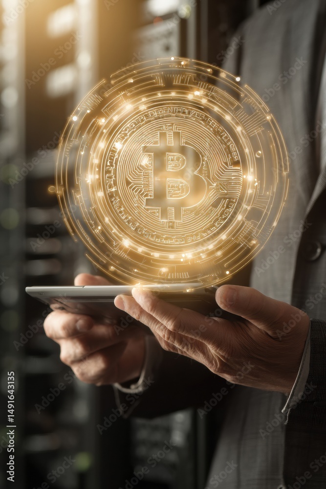 Poster Next-Gen Blockchain Innovation Holographic Bitcoin Interface Visualizing Digital Finance Transformation for Enterprise Technology Strategy and Cryptocurrency Investment Insight