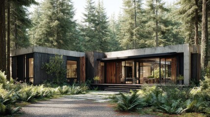 Modern Forest Home Architecture blends seamlessly with nature Serene escape.