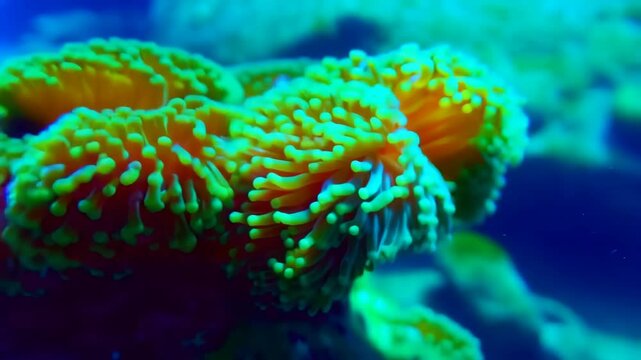 Anemone tentacles underwater, featuring vibrant orange base with yellow, light blue, green tips, aquatic life under the sea with beautiful marine organism