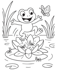 Coloring book frog leaps onto a lotus, surrounded by busy ants and a fluttering butterfly.
