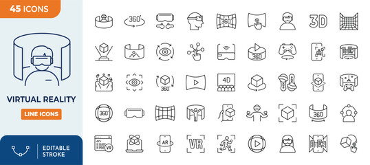 Virtual reality icon set. Containing VR, AR, augmented reality, headset, mixed reality, 360 degree and more. Outline Icon Collection. Editable stroke. Vector illustration	