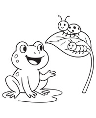 Coloring book  frog greets its insect pals, a ladybug and caterpillar, on a leafy perch