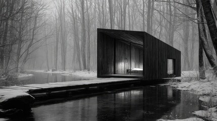 Serene Lakeside Cabin Winters Retreat in Foggy Woods.