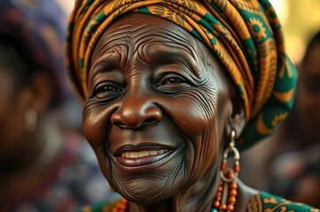 Obraz premium Portrait of an older woman with a headwrap smiling at the camera view