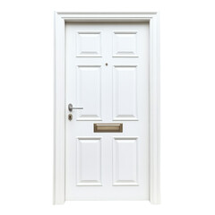 White classic front door with mail slot and door handle, elegant exterior entrance with detailed molding and rectangular panels in a residential setting