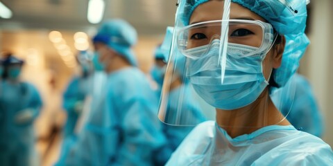 A healthcare worker in full PPE stands in a hospital corridor, wearing a face shield, mask, and gloves, with other healthcare workers in the background.