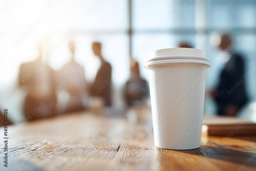 Poster hybrid workspace connectivity minimalist coffee cup in soft-focus professional networking environmen