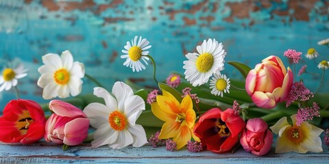 A colorful bouquet of flowers, including tulips, daisies, and other flowers, arranged on a rustic, blue wooden surface with a weathered, peeling paint effect.