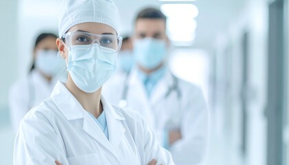 Healthcare professionals in masks and lab coats stand confidently in a modern medical facility, emphasizing teamwork and dedication in patient care