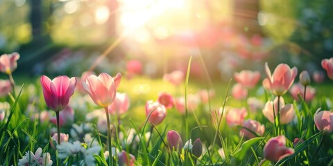 Fototapeta premium A vibrant pink and white tulip field with sunlight filtering through the flowers, creating a warm and inviting atmosphere.