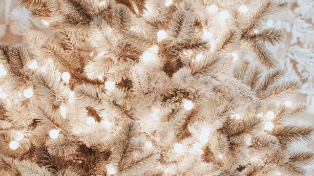 Close-up of a decorated Christmas tree with glowing warm white string lights in soft focus.