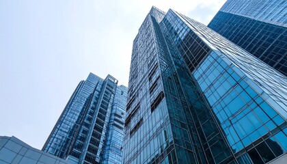 Modern skyscrapers reach towards a clear blue sky, showcasing sleek glass facades and contemporary architecture in an urban landscape