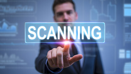 Scanning technology concept with businessman touching virtual screen for futuristic interface design