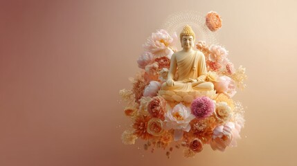 Mindful Serenity Golden Buddha Zen Meditation Artscape with Soft Pastel Florals - Wellness Branding and Spiritual Lifestyle Visualization