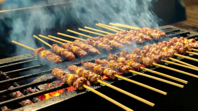 colorful satai grilled over a charcoal fire