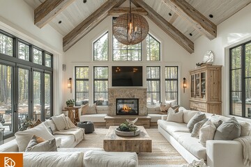 Sleek modern farmhouse living room with vaulted ceiling, stone fireplace, large windows, neutral cream beige grey tones, cozy seating and warm lighting