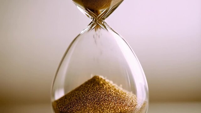 Hourglass with sand flowing, illustrating time passing, deadlines approaching, and the finite nature of existence, close up.