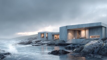 Coastal Concrete Modern Home on Rocky Shore at Dusk.