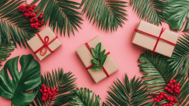 Christmas presents wrapped in red and white, displayed on a pink background with palm leaves and red berries.