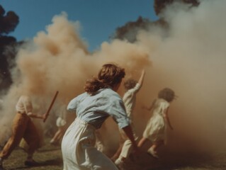 Obraz premium Nostalgic Vintage Summer Memories Hazy Atmospheric Childhood Play Scene Capturing Retro Innocence and Cinematic Emotional Landscape of Generational Experience