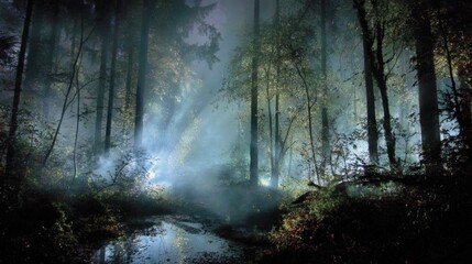 Obraz premium Mysterious forest at night, misty and mysterious atmosphere, a small stream flowing through the trees, ethereal glow from distant lights creating an otherworldly feeling.