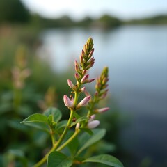 Capullos de flores de euforbia floreciendo en la orilla del lago del parque