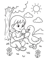 Coloring book girl and swan eating ice cream under tree