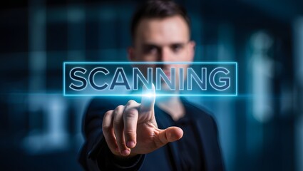 Scanning technology concept, businessman pressing digital futuristic interface innovation security 100chr