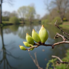 Brotes de flores de &aacute;rbol de caucho floreciendo en la orilla del lago del parque