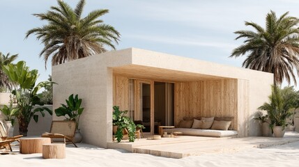 Beachfront Oasis Modern Sand House Retreat under Palm Trees.