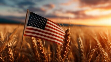 American Flag in a Golden Wheat Field at Sunset - Powered by Adobe