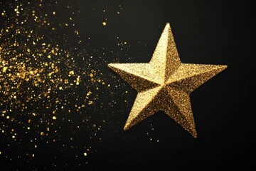 Golden star with glitter on a black background, a luxury and award concept banner design for a festive or awards ceremony. 