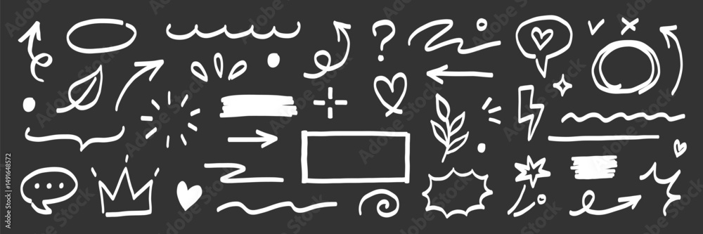 Poster hand marker line icon brush set. chalk underline, arrow, frame and stroke in white on black chalkboa