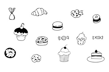 Dessert doodle icon set, breakfast bun, donut cupcake and candies sketch hand drawn. Line sweet food scribble texture cafe menu decorations.