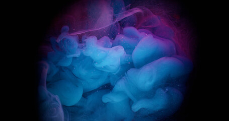 Mist art explosion. Fume blend. Blue purple mystic ink haze mix color particles cloud flow on defocused black abstract round frame background.