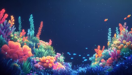 Fototapeta premium A vibrant cartoon illustration of an underwater scene with coral reefs and sea plants, glowing in the dark ocean depths. The colors should be bright and cheerful, creating a lively atmosphere.