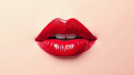 Obraz premium Glossy red lips close-up on nude background, realistic beauty makeup illustration for fashion and cosmetic design