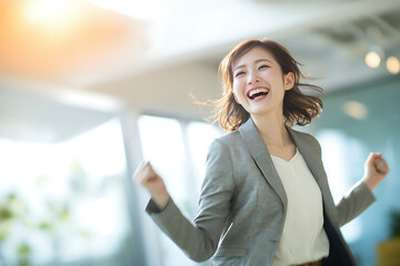 明るいオフィスで喜びジャンプする女性