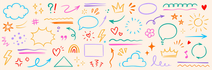 Line hand drawn brush marker arrow, heart, crown element set. Hand drawn sketch marker underline kid color shape, arrow, star scribble brush pen stroke doodle graphic icon. Vector illustration