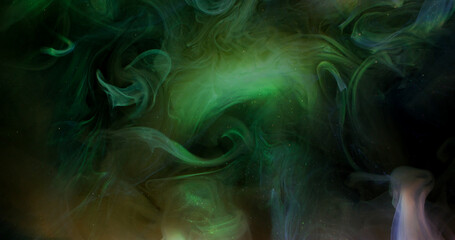 Mist art explosion. Fume blend. Green fantasy spiral swirl haze mix color cloud curl dye flow on defocused black abstract background.