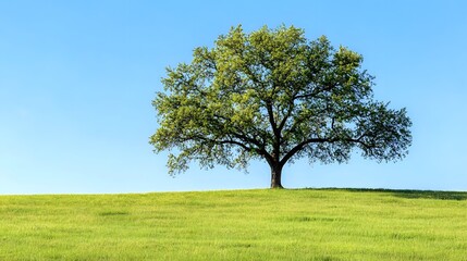 Fototapeta premium Single large oak tree against a backdrop of blue sky and green grass.