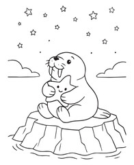 Coloring book walrus hugs a smiling star while sitting on an ice floe under a starry sky with clouds. 