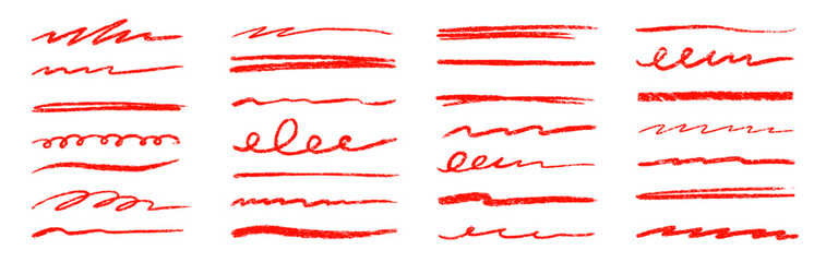 Red line underline crayon pencil brush stroke set. Handwritten highlight doodle sketch scribble underline set. Crayon stroke hand drawn red color text highlight shape. Vector illustration.