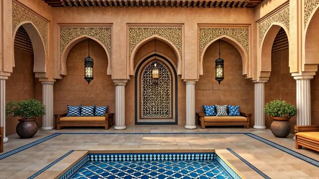 Luxurious Moroccan Courtyard Oasis Featuring Tranquil Pool Blue Tiles Elegant Architecture Design  Intricate Details Peaceful Atmosphere