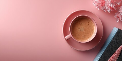 Serene Coffee Moment: A delicate ceramic cup of coffee rests on a matching saucer, accompanied by a soft floral arrangement and a classic notebook, all set against a tranquil, pastel-hued backdrop.
