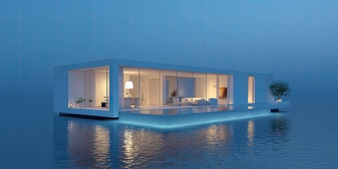 Modern houseboat villa floating on water at twilight.