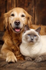 Fototapeta premium Close-up portrait of golden retriever dog and siamese cat lying together on wooden floor looking at camera in studio